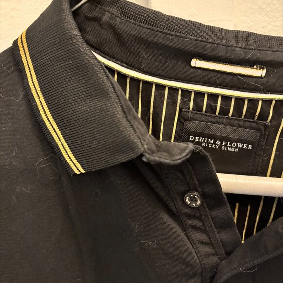 Denim & Flower by Ricky Singh Black Polo Shirt with Gold Trim - Size L - Picture 2 of 3